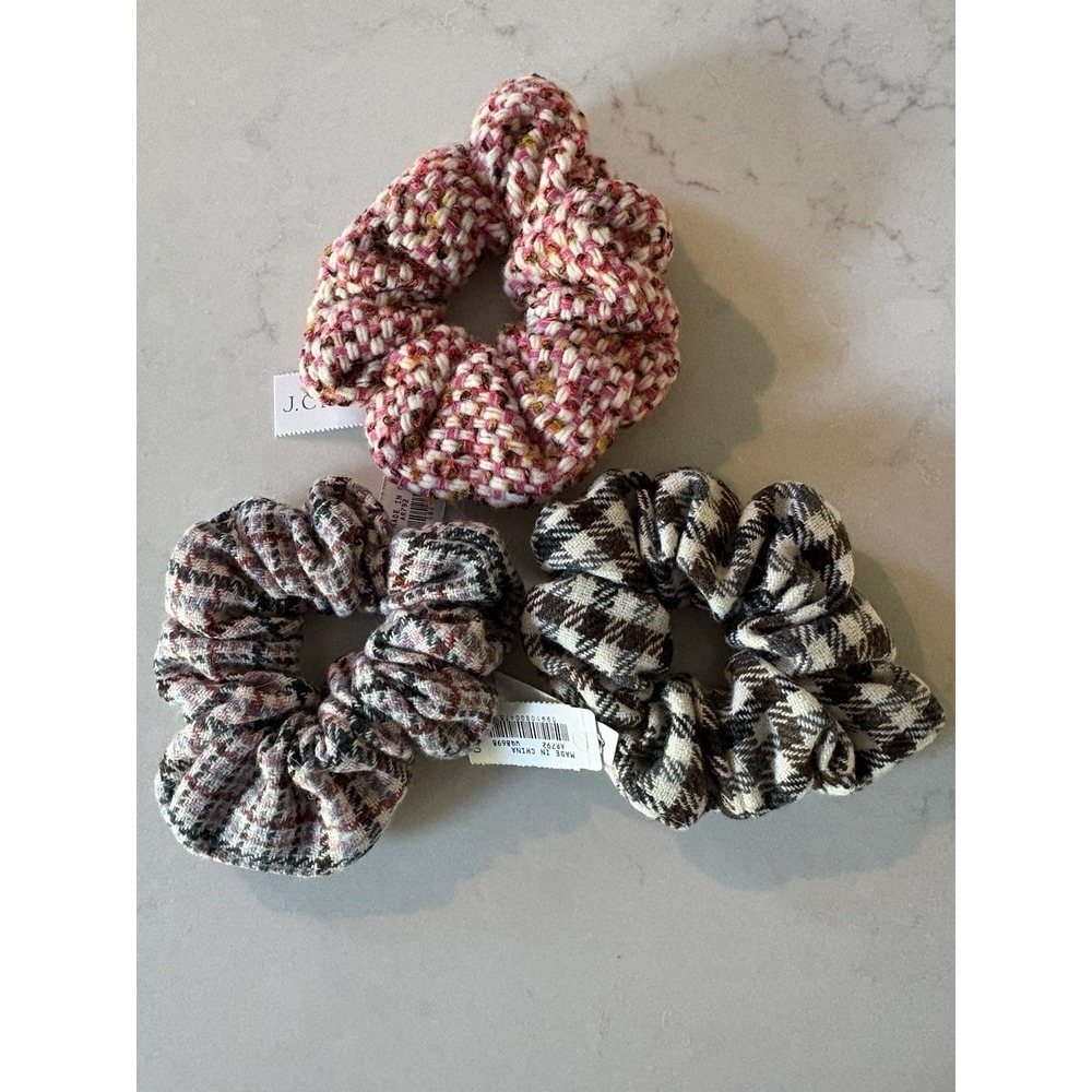 J Crew Lot Of 3 Bow Hair Tie Scrunchies Plaid Tweed Gingham Pink Black